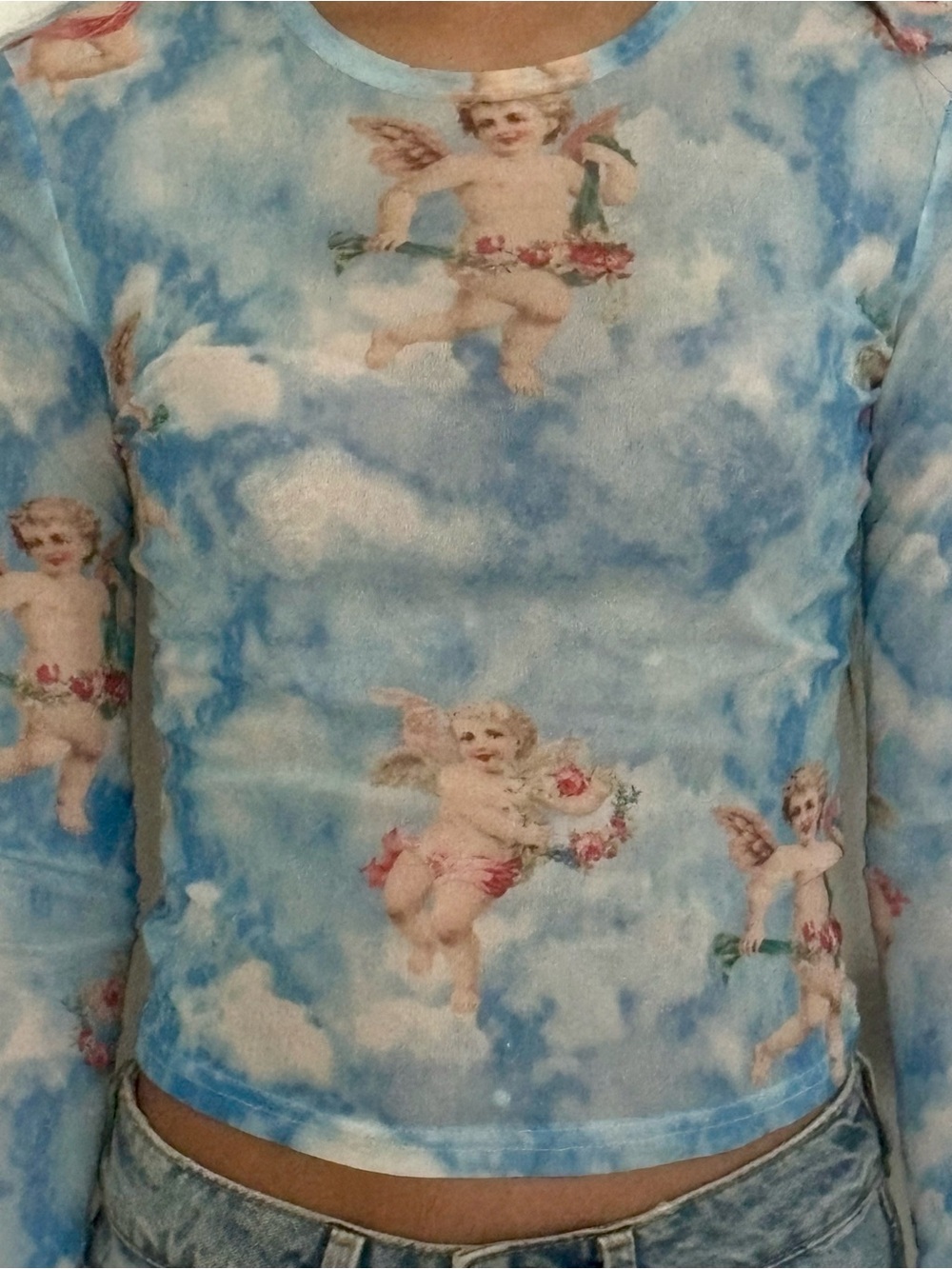SHEIN Blue Cloud Cherub Print Long Sleeve Top